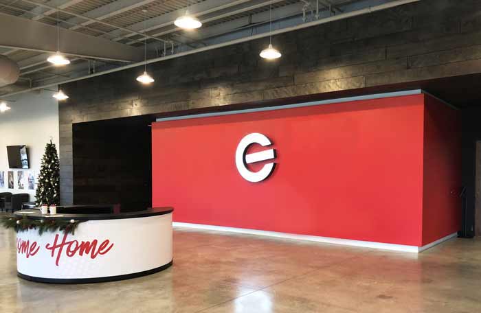 modern church lobby with red accents